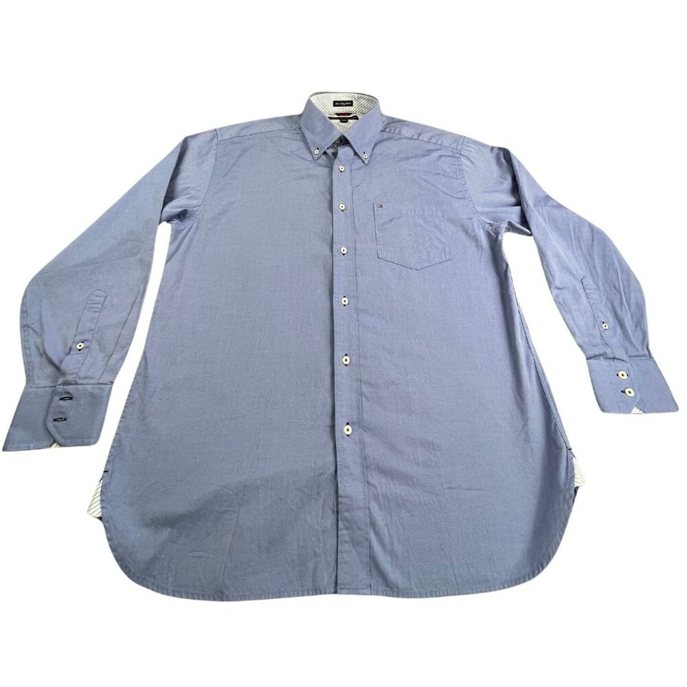 Vintage Tommy Hilfiger Dress Shirt Mens Large Blue 80s 2 Ply Fabric Button Front